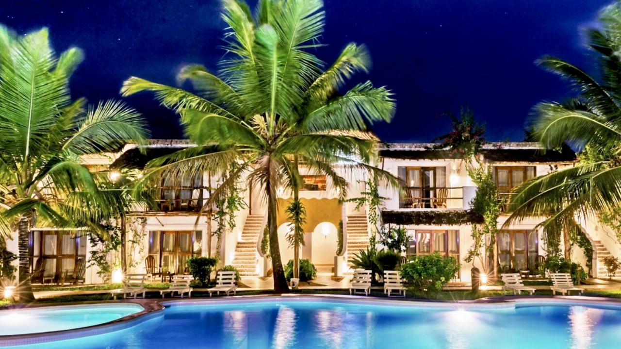 Pool at dusk with lit palms at My Blue Hotel